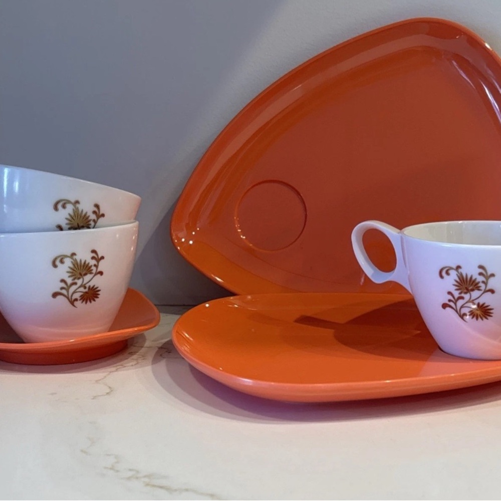 Vintage SALEM WARE Dorchester Melamine Snack Set CYANAMID MCM Pinkish-Orange
